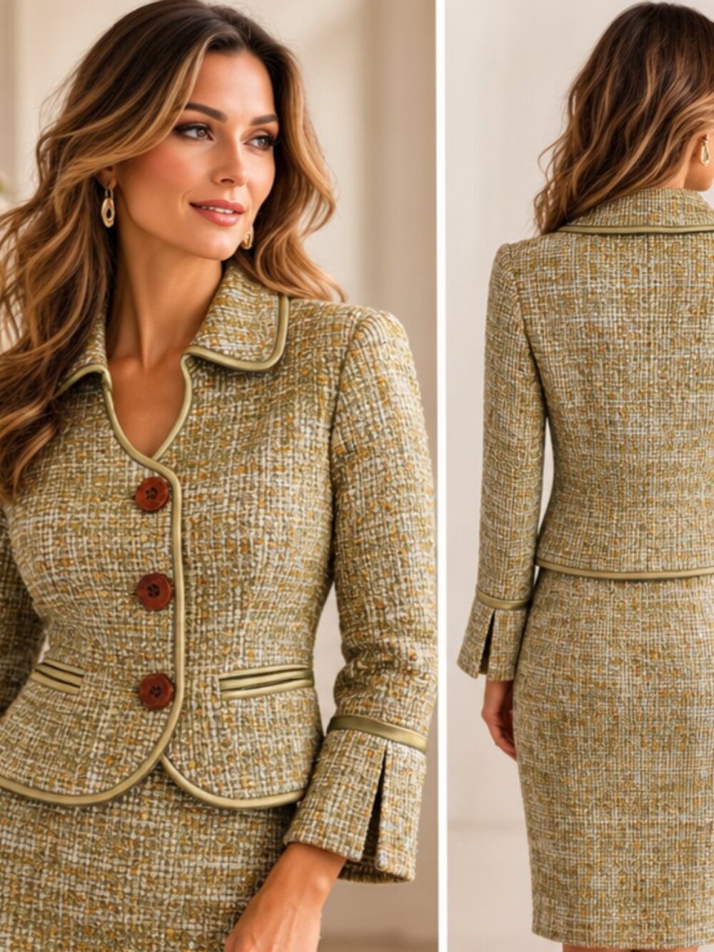 Lafayette 148 New York Tweed Skirt Suit Set Green Gold Boucle Silk Trim Sz 8/6